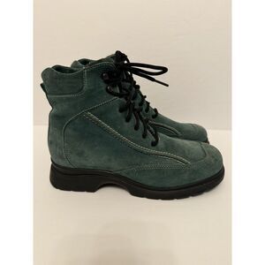 LA CANADIENNE 7 1/2M GREEN SUEDE LACE UP SNOW WINTER ANKLE BOOTS WOMENS